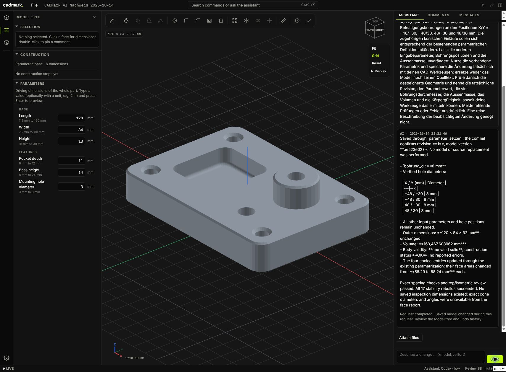 CADMark nach dem echten KI-Aufruf: Bohrparameter 8 mm, Montage-Demoteil und gespeicherte Assistentenantwort.