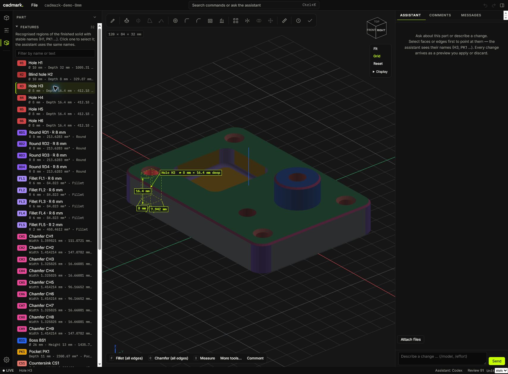 The sample STEP file after reimport in cadmark: H3 is selected and the feature list shows the mounting holes at Ø 8 mm.