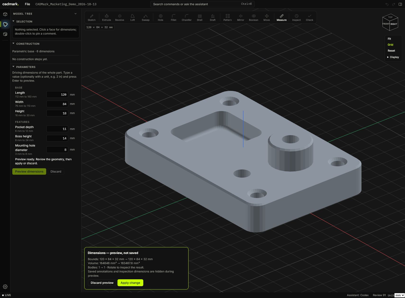 cadmark shows the unsaved preview of the demo part: Ø 8 mm mounting holes, a volume comparison and controls to apply or discard the change.